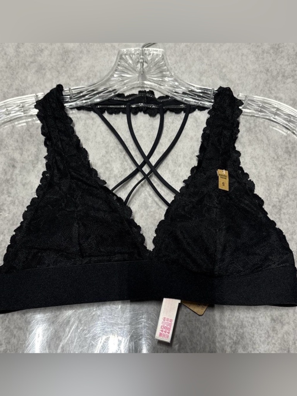 NWT PINK Victoria's Secret Black Lace Strappy Bralette. Sz S